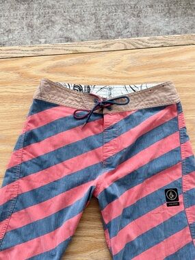 Volcom Coral and Navy Diagonal Stripe Boardshorts